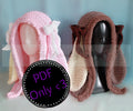 A crochet PDF pattern for a bunny rabbit hood hat, with large floppy ears and bows.