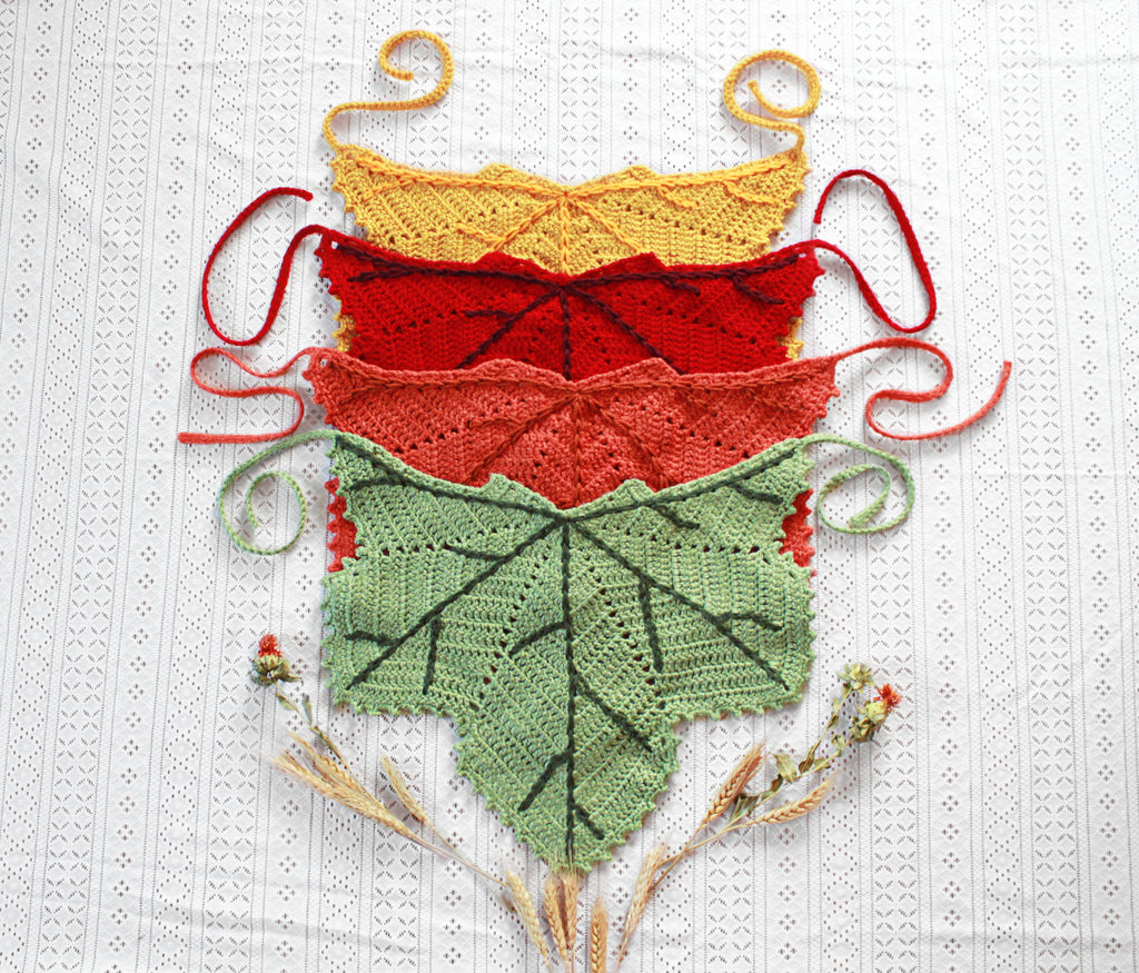 Autumn colored leaf shaped bandanas, hats for fall fashion and boho style. Color options are green, orange, red, yellow, or custom