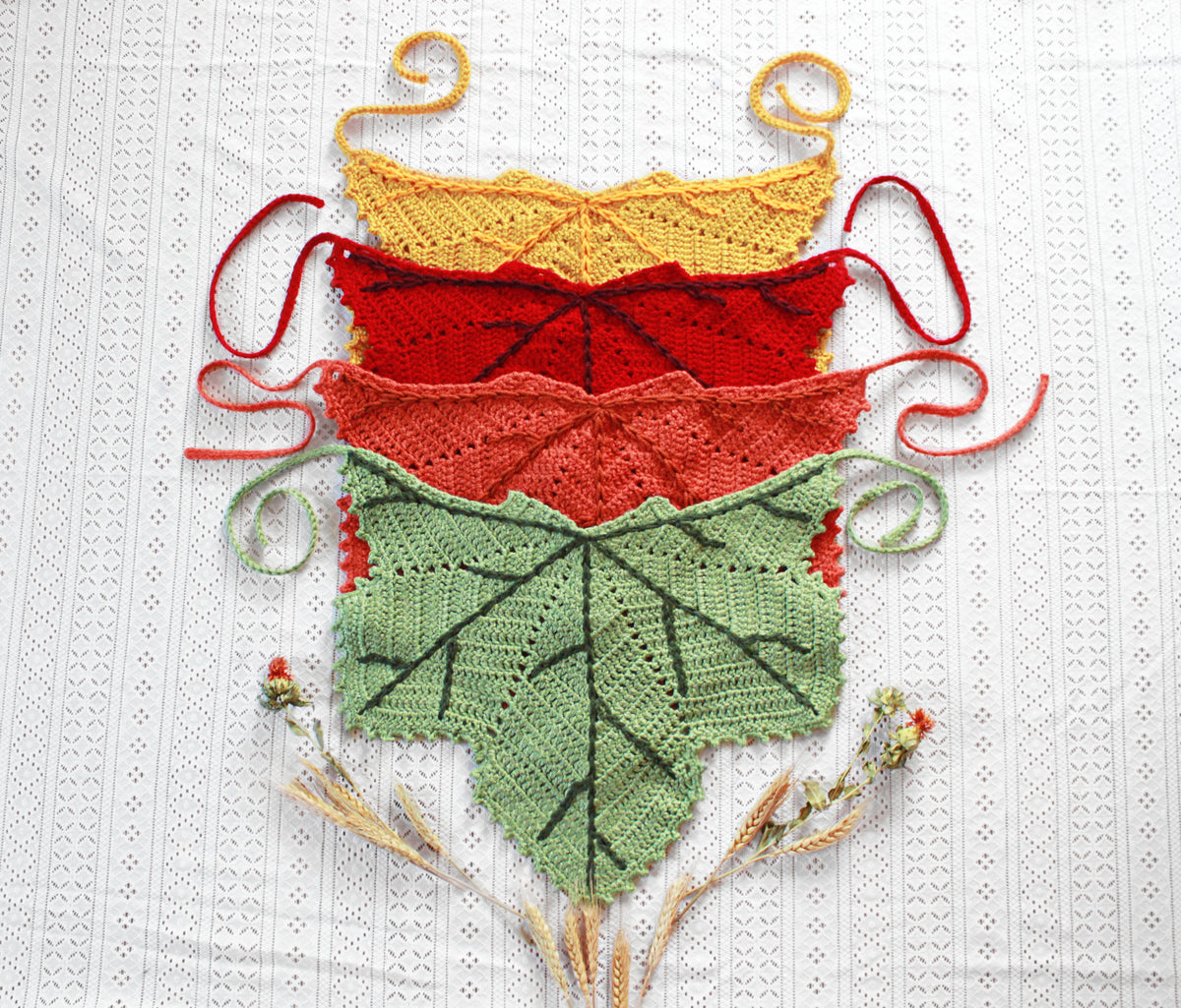 Autumn colored leaf shaped bandanas, hats for fall fashion and boho style. Color options are green, orange, red, yellow, or custom