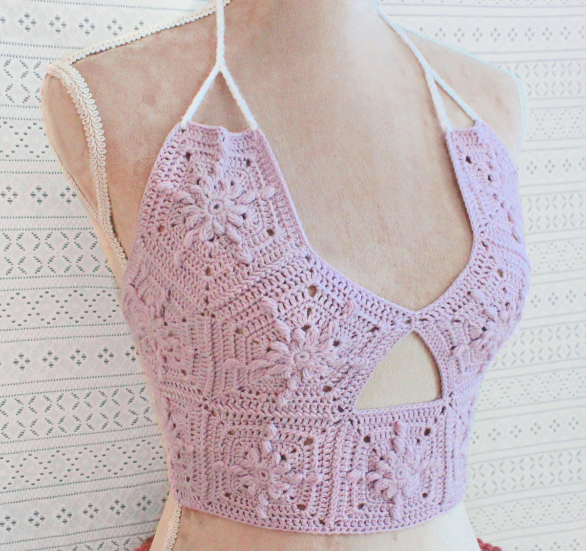 A hand made cotton halter top in the color pale purple. perfect for a summer bikini in a boho fashion style