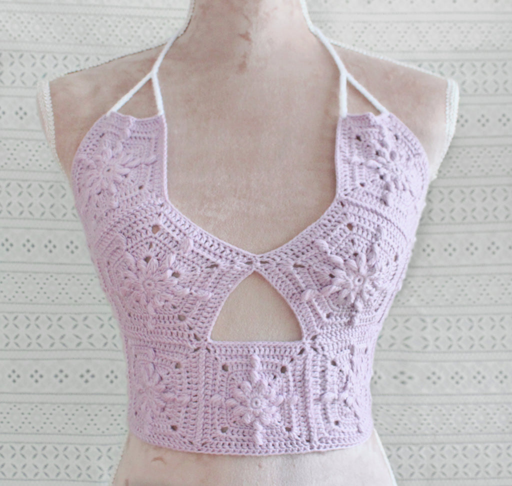 A hand made cotton halter top in the color pale purple. perfect for a summer bikini in a boho fashion style
