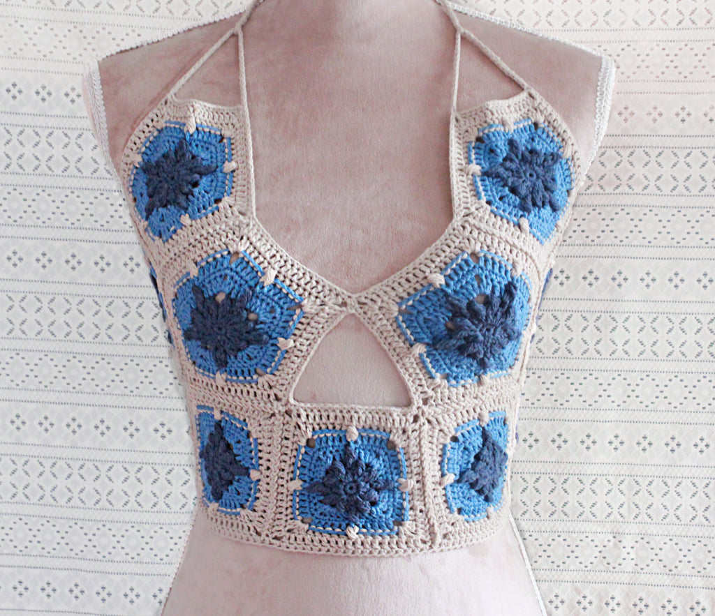 A hand made cotton halter top in the colors beige and blue. perfect for a summer bikini in a boho fashion style
