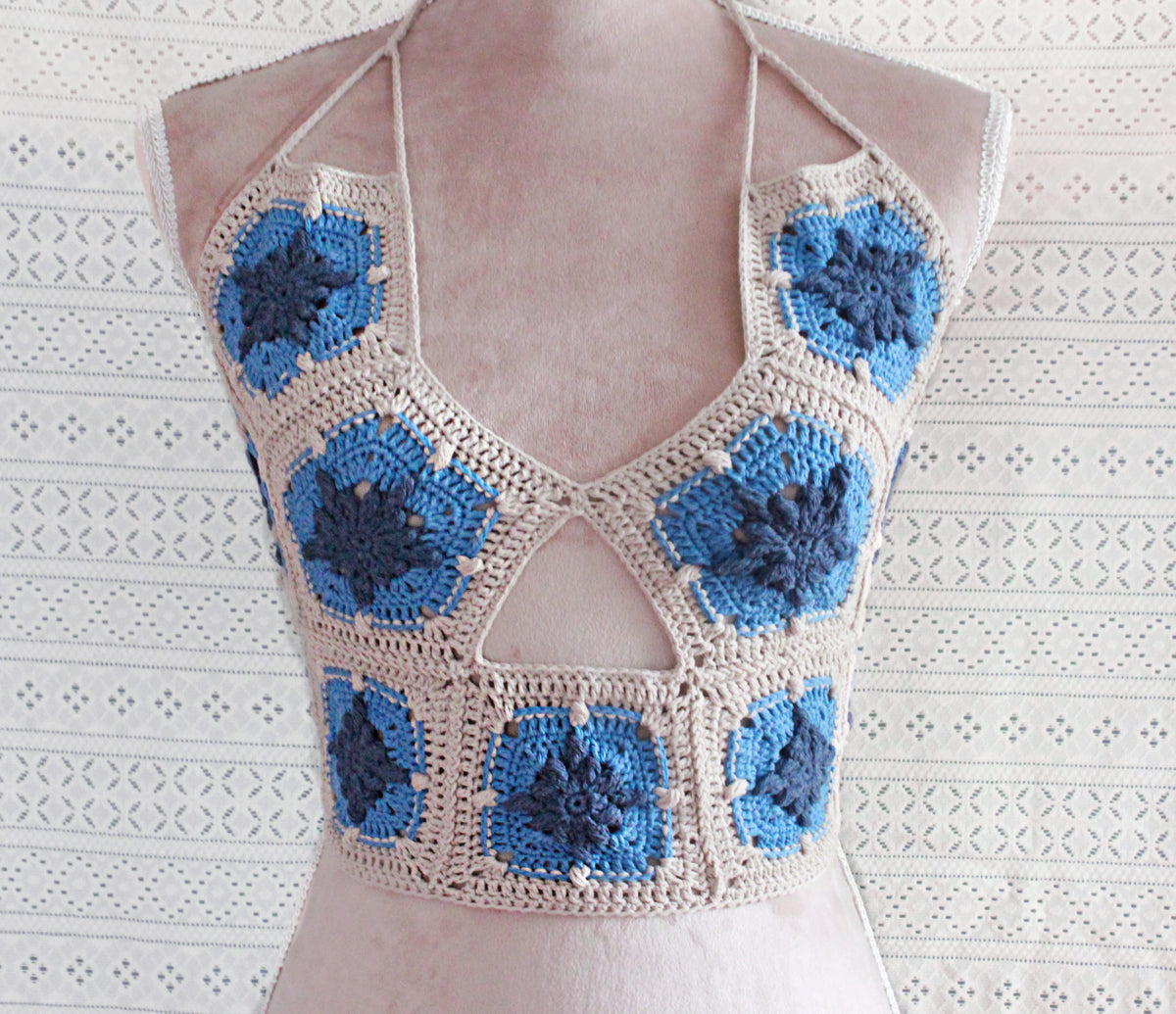 A hand made cotton halter top in the colors beige and blue. perfect for a summer bikini in a boho fashion style
