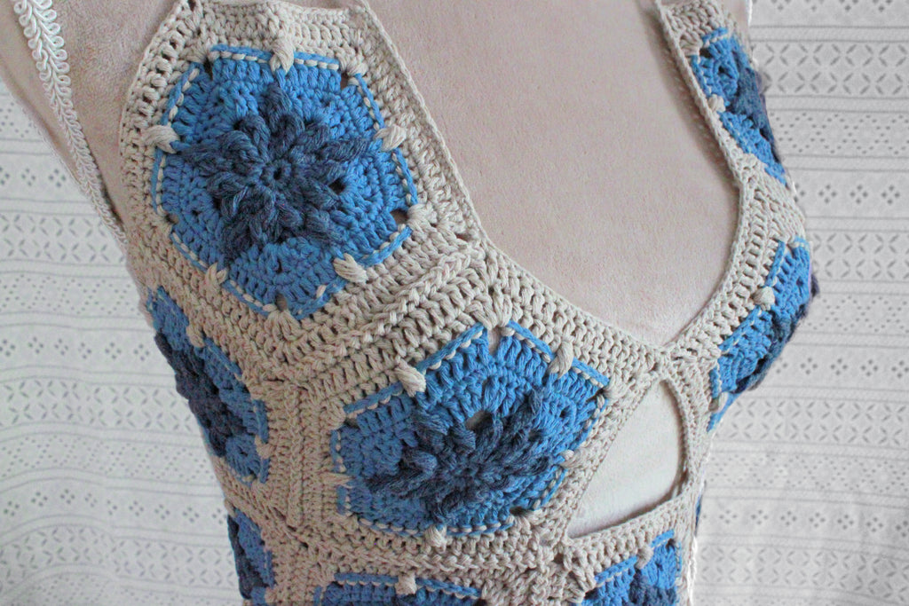 Sun Burst Halter Top | Summer Crochet Bikini | Blue & Beige
