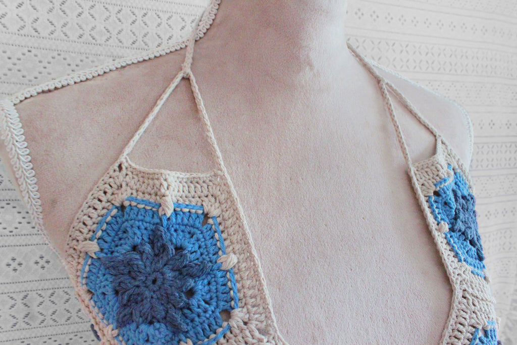 Sun Burst Halter Top | Summer Crochet Bikini | Blue & Beige