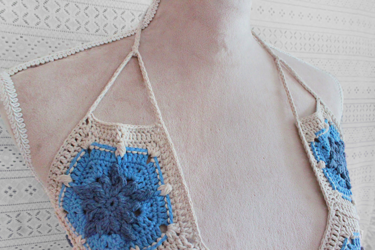 Sun Burst Halter Top | Summer Crochet Bikini | Blue & Beige