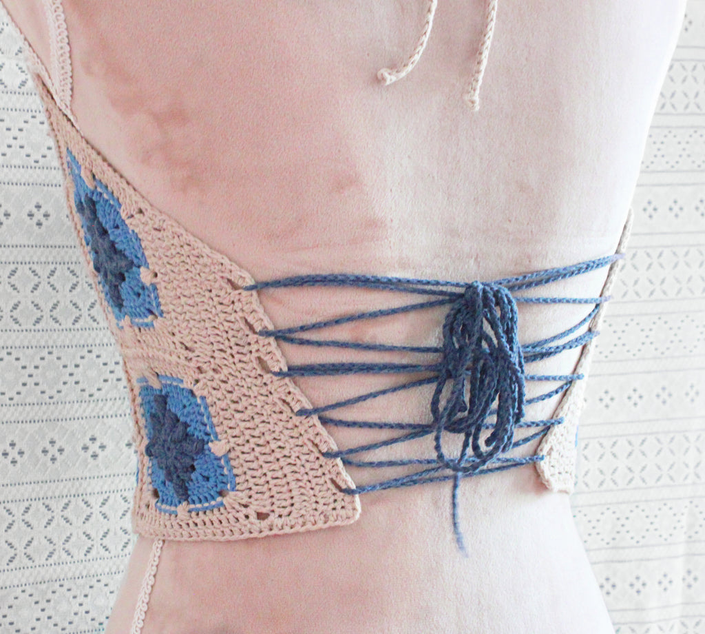 Sun Burst Halter Top | Summer Crochet Bikini | Blue & Beige