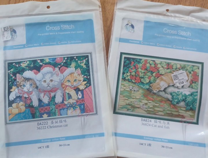 Two 14ct Stamped Christmas Cat Kits | Joy Sunday Cross Stitch